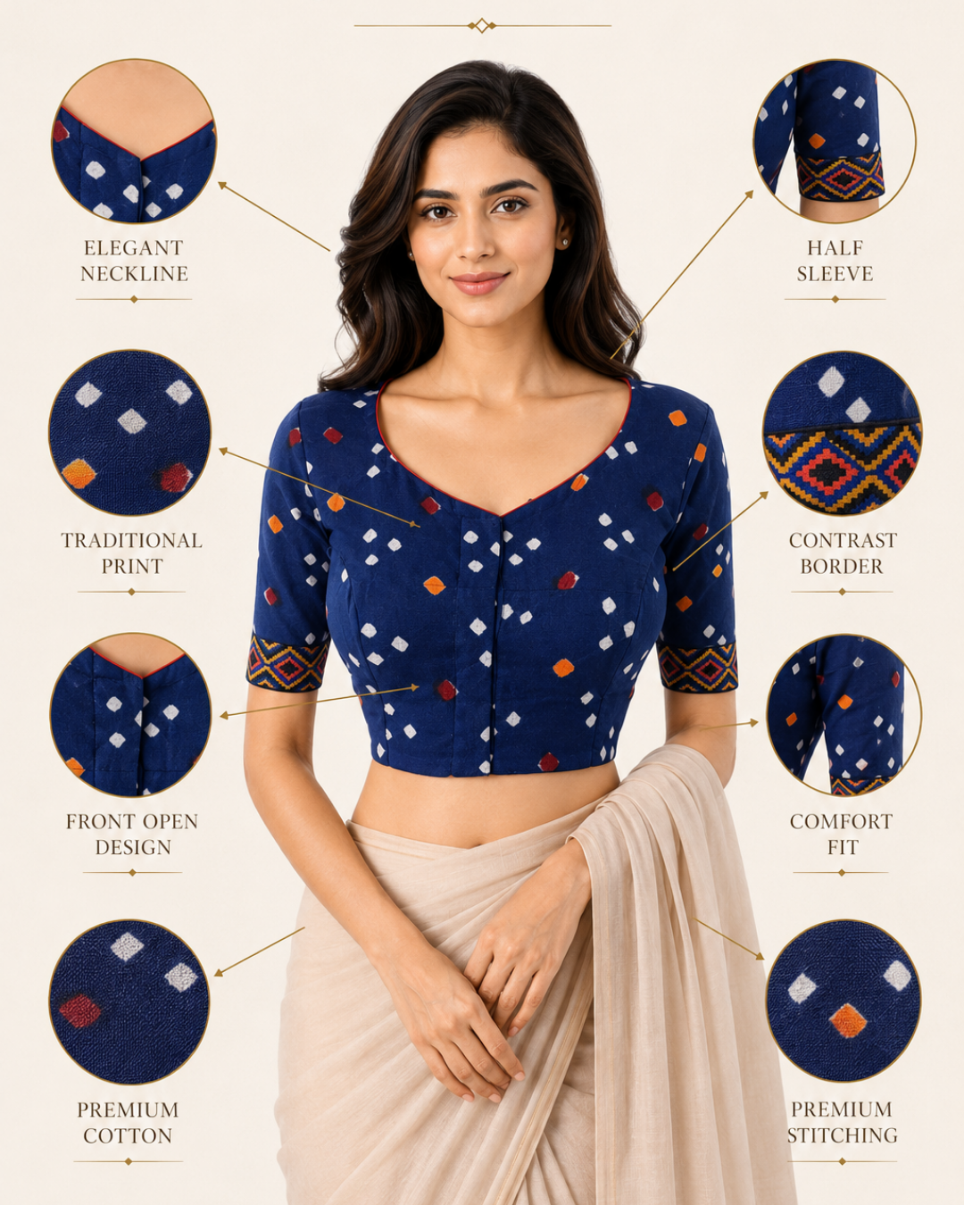 Bandhani Satin Cotton Y neck Blouse with Phoolkari Lace Border & Lining, Blue, BP1136
