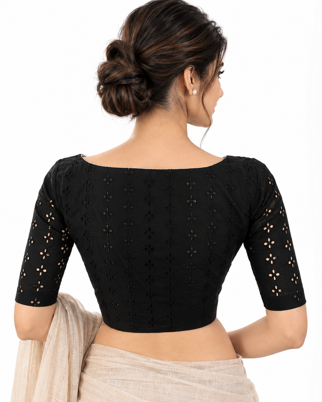 Hakoba Cutwork Cotton Boatneck Blouse with Lining, Black, BW1129