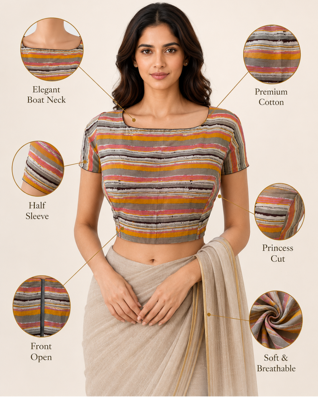 Striped Printed Cotton Boat neck Blouse with Short Sleeves, Multicolor, BP1165