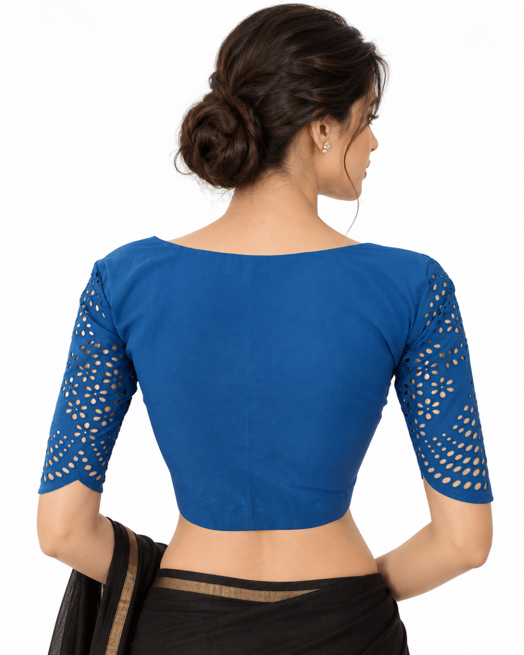 Hakoba Cutwork Cotton V neck Blouse, Iris blue, BW1127