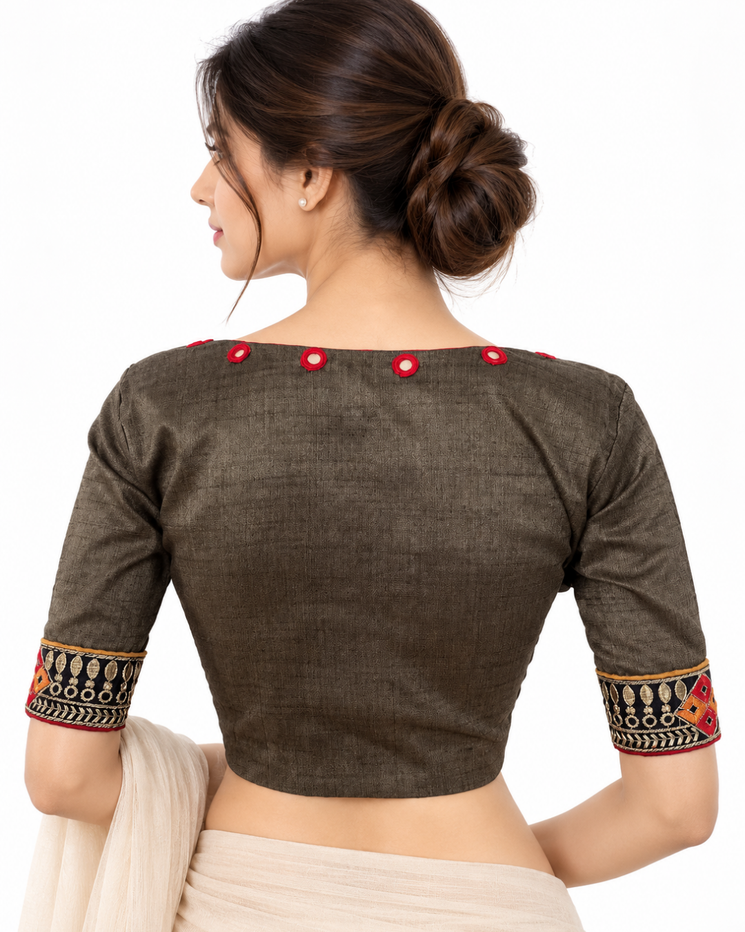 Cotton Sweetheart neck Blouse with Embroidered Lace Border, Mirror Work Details & Lining, Grey, BW1139