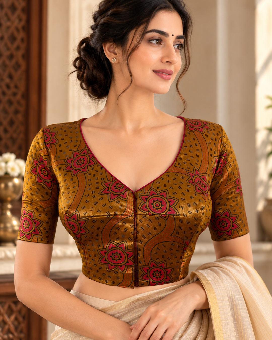 Gajji Silk V neck Blouse, with Short Sleeves & Lining, Mustard, BS1166