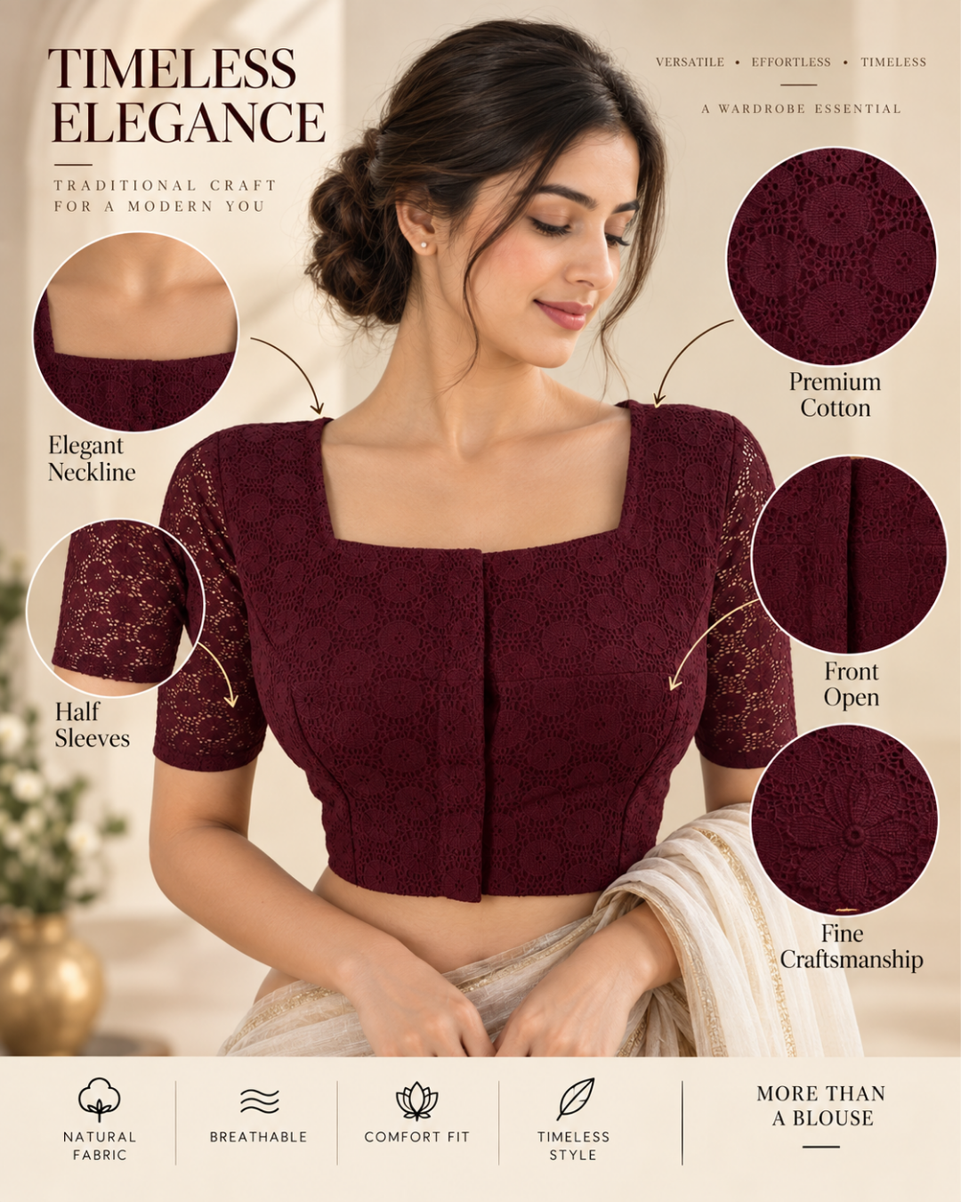 Cotton Net Square Neck Blouse with Tulip Sleeves, Metal Embellishments & Lining , Wine , BW1180