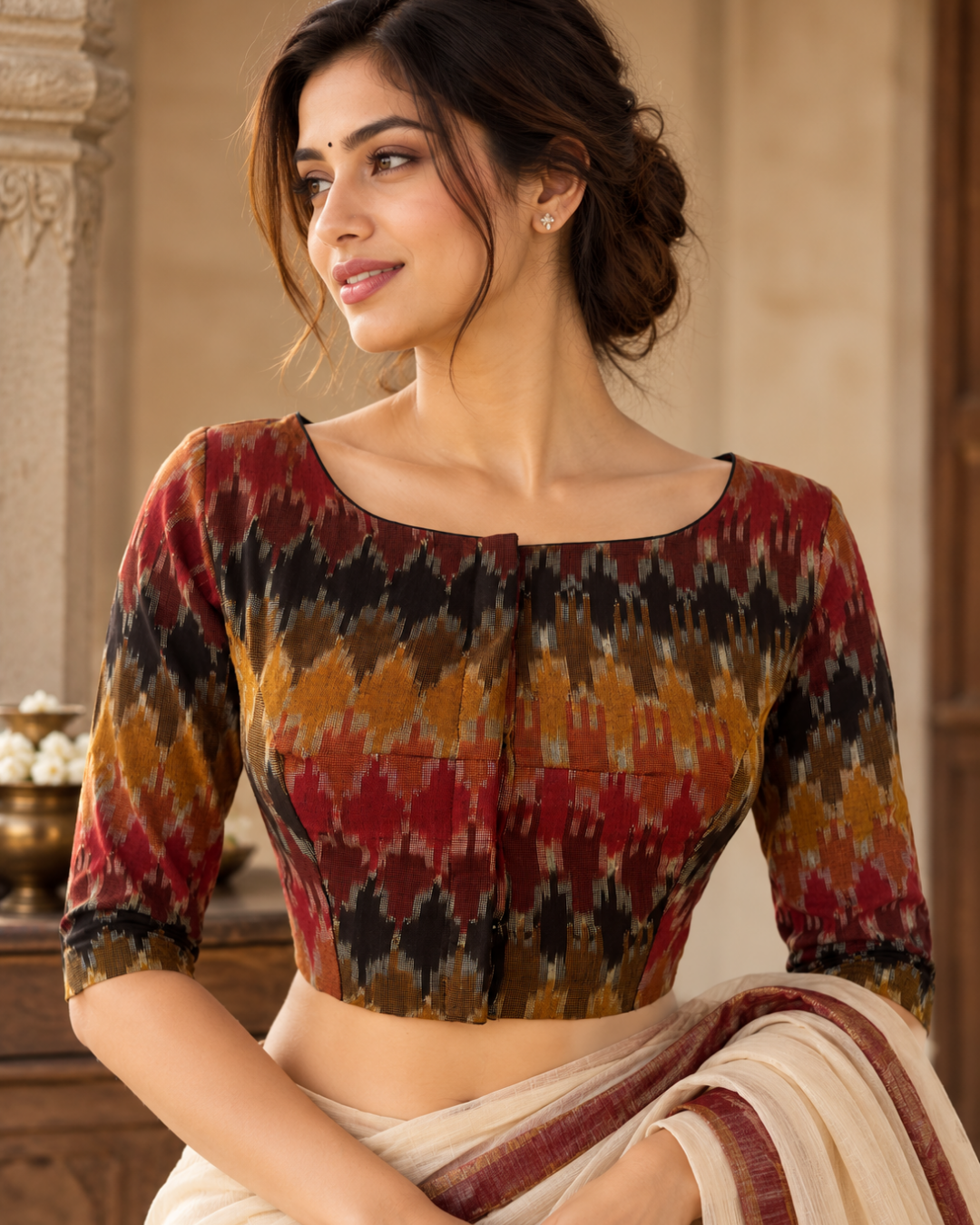 Ikat Cotton Boat Neck Blouse with 3/4 Sleeves , Multicolor , BI1180