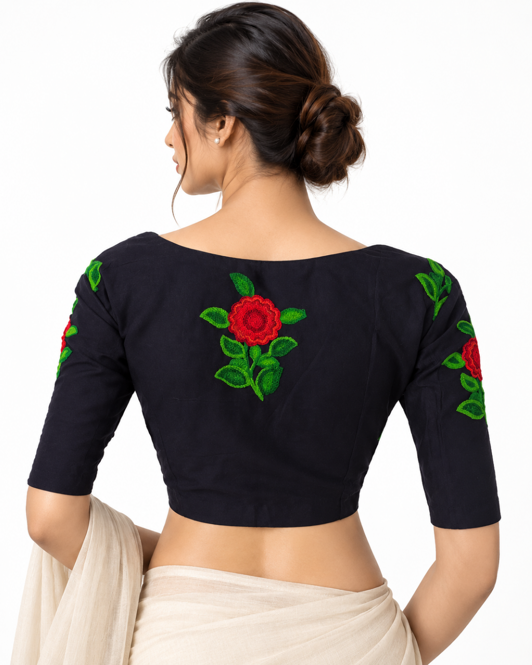 Embroidered 2 x 2 Cotton Sweetheart neck Blouse with Lining, Navy blue, BW1148