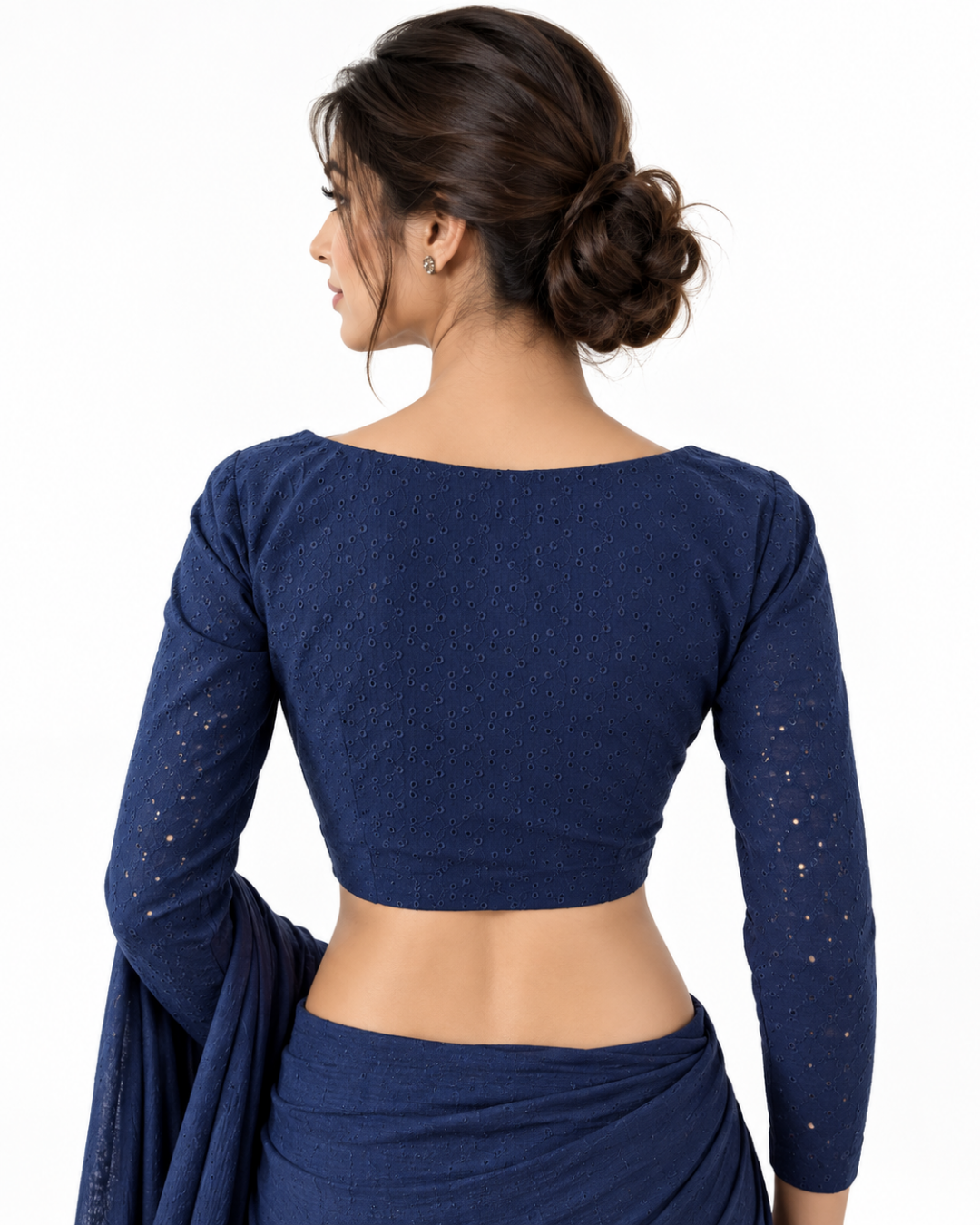 Hakoba Cotton Y neck Blouse with Full Sleeves & Lining, Navy blue, BW1140