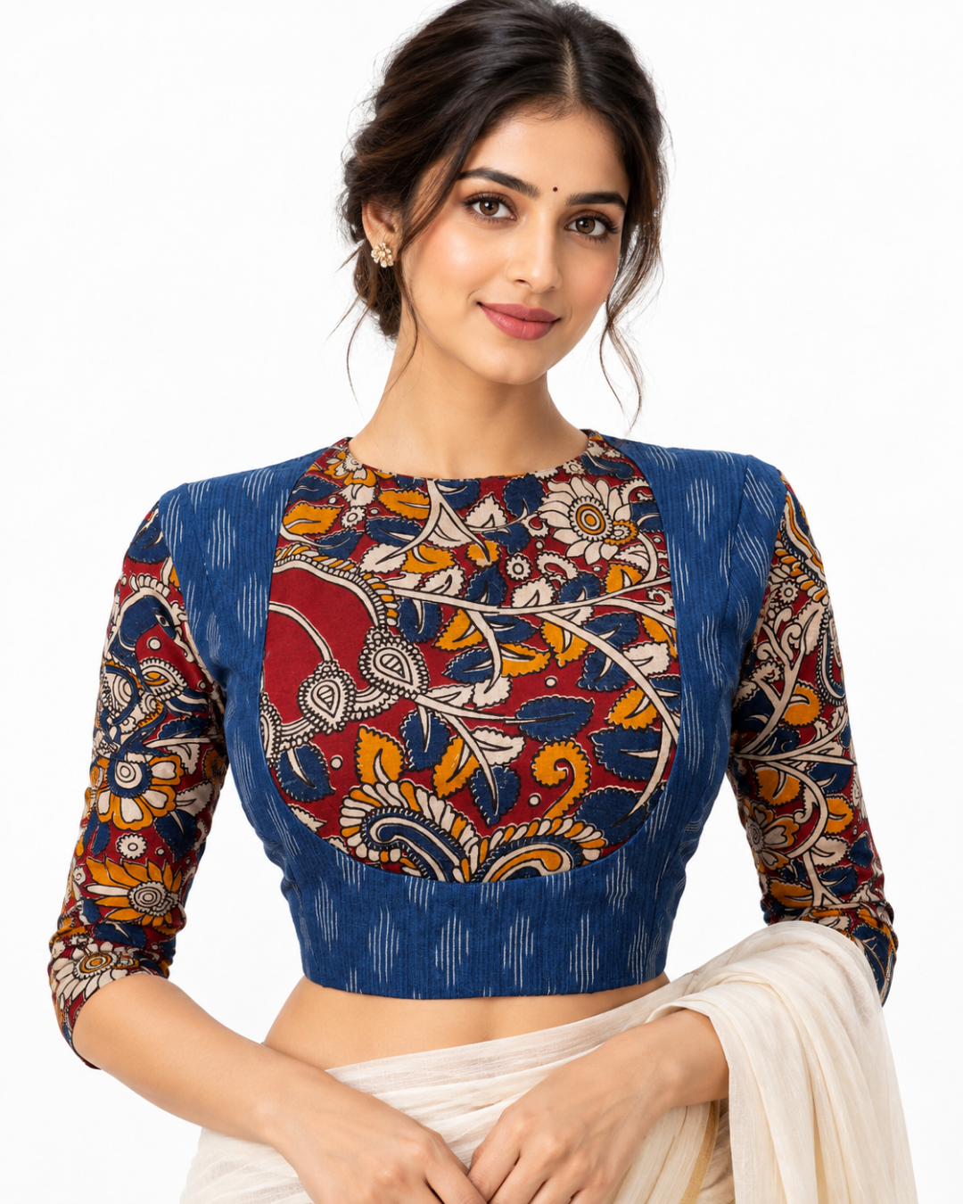 Ikat – Kalamkari Cotton Close Neck Blouse, Backopen, Blue – Red, BI1158