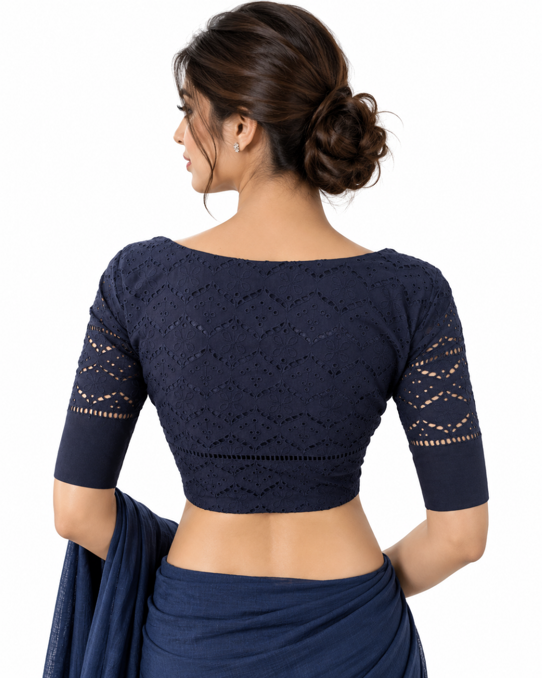 Hakoba Cutwork Cotton Y neck Blouse with Lining, Navy blue, BW1156