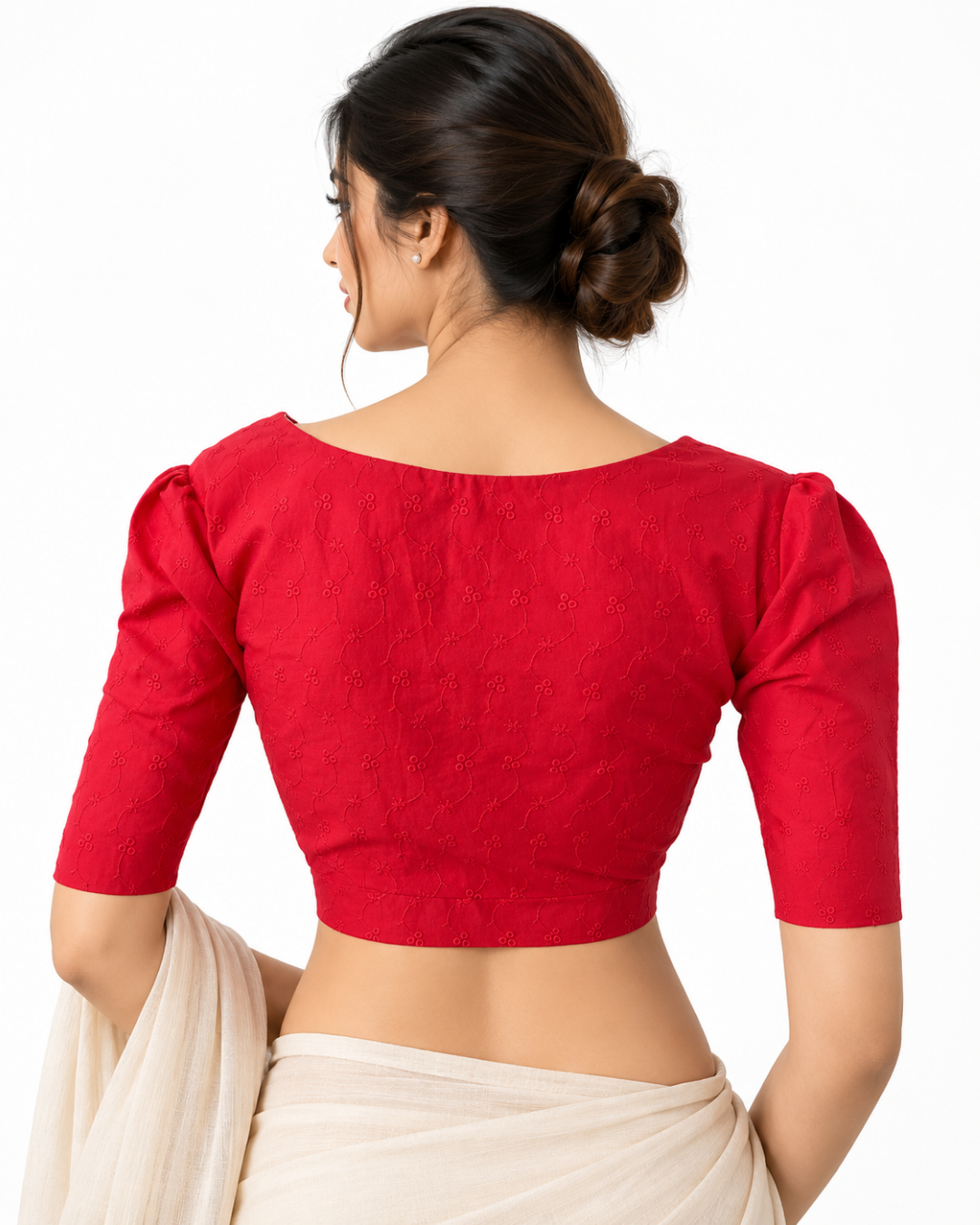Hakoba Cotton Square - U neck Blouse with Puff Sleeves & Lining, Pink, BW1161