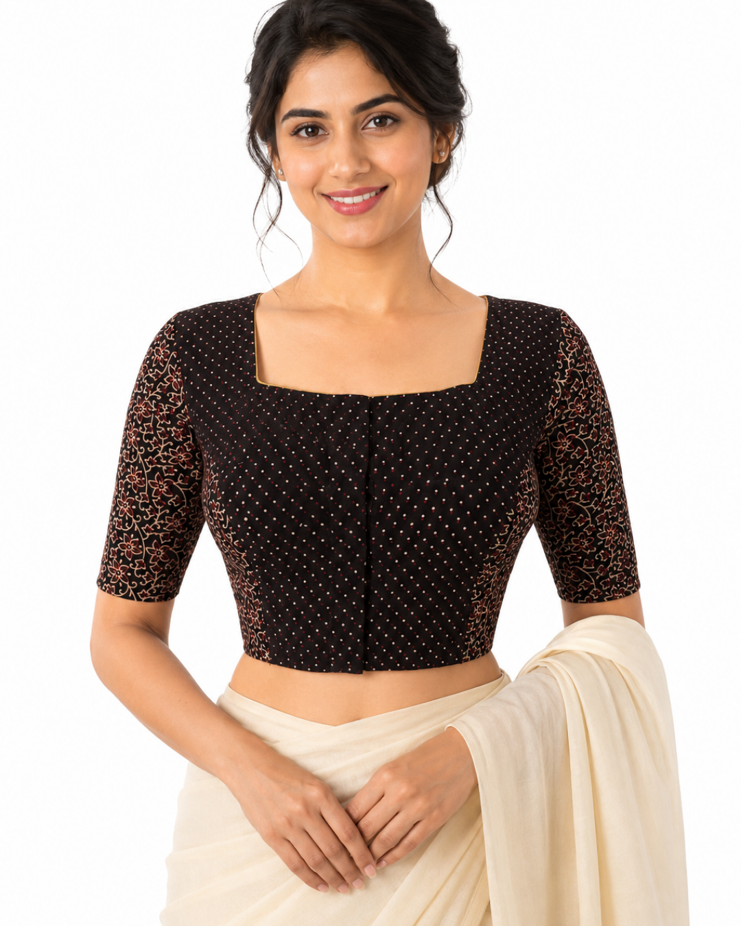 Ajrakh Cotton Square neck Blouse with Potli Button Details, Black, BA1158