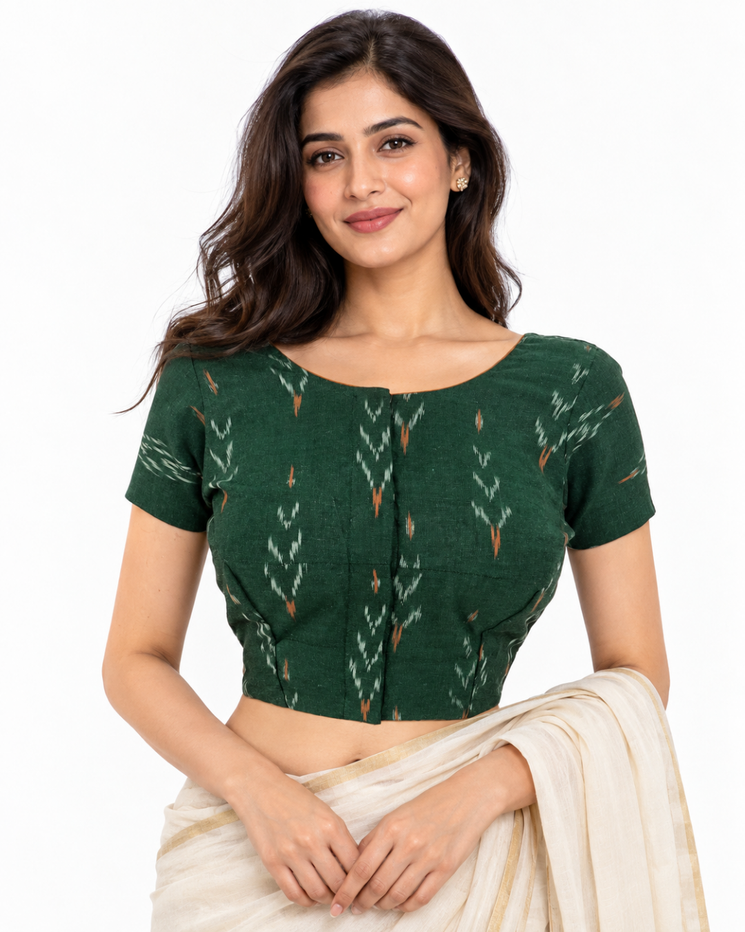 Ikat Cotton Boat Neck Blouse with V neck in Back, Short Sleeves & Potli Button Details , Bottle Green, BI1186