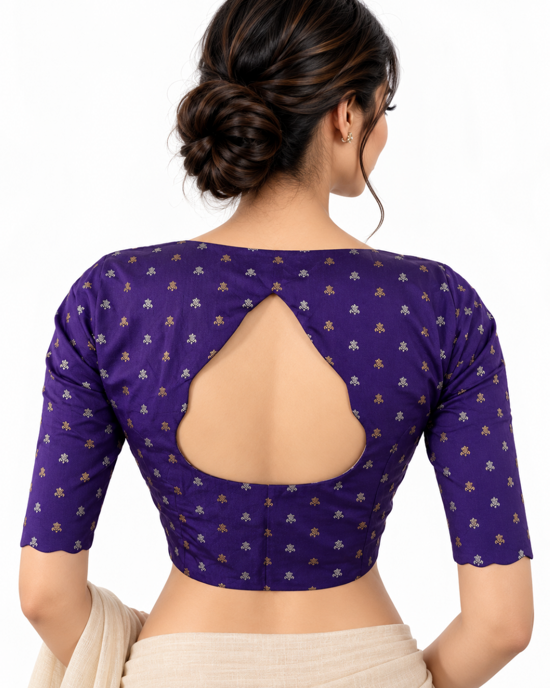 Banarasi Art Silk Golden and Silver Butta Scallop neck Blouse, with Waterdrop hole & Lining ,Purple, BS1175