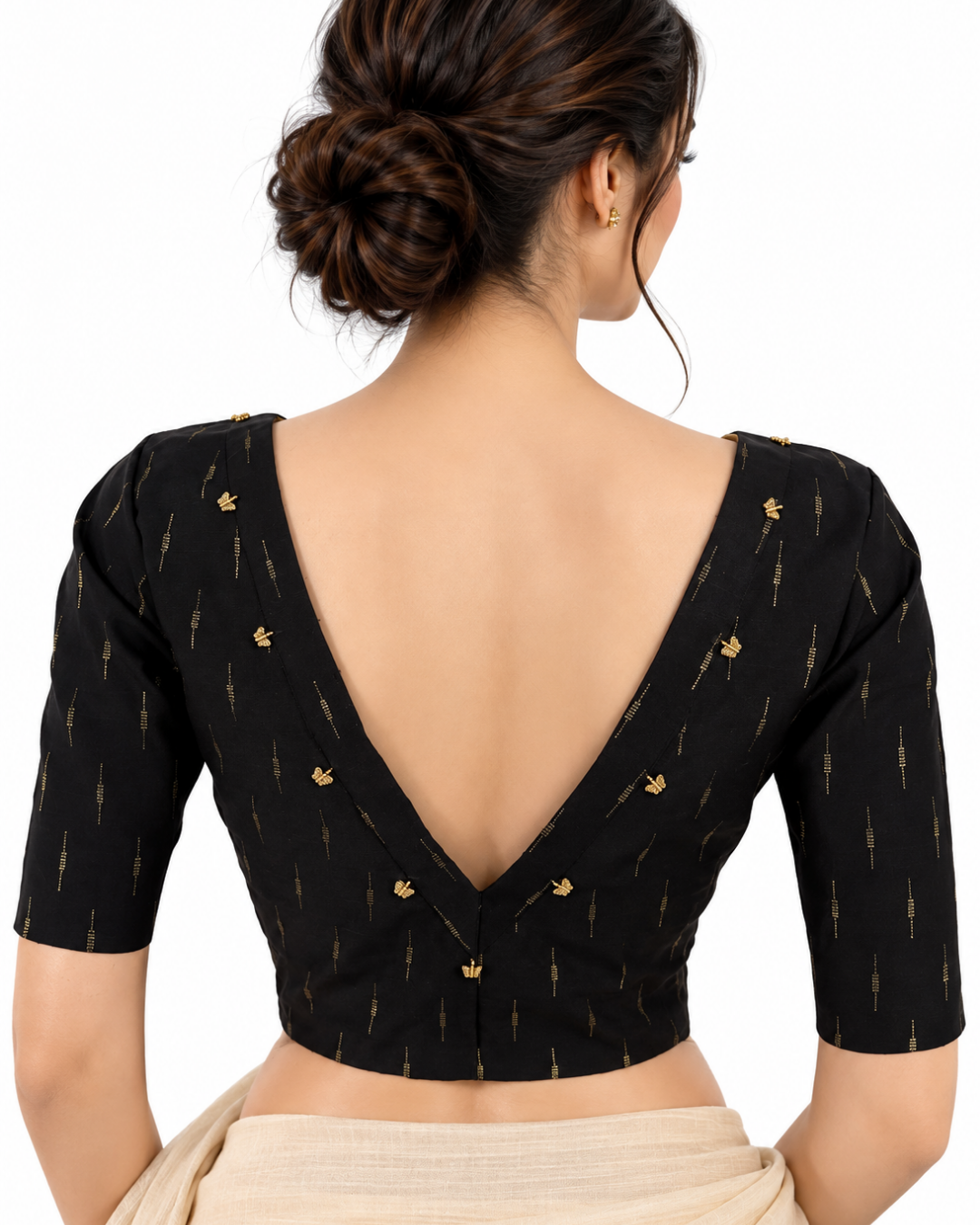 Semi Raw Silk Blouse with Front Boat Neck & Back V Neck, Metal Embellishments, Golden Butta & Lining, Black - BS1202