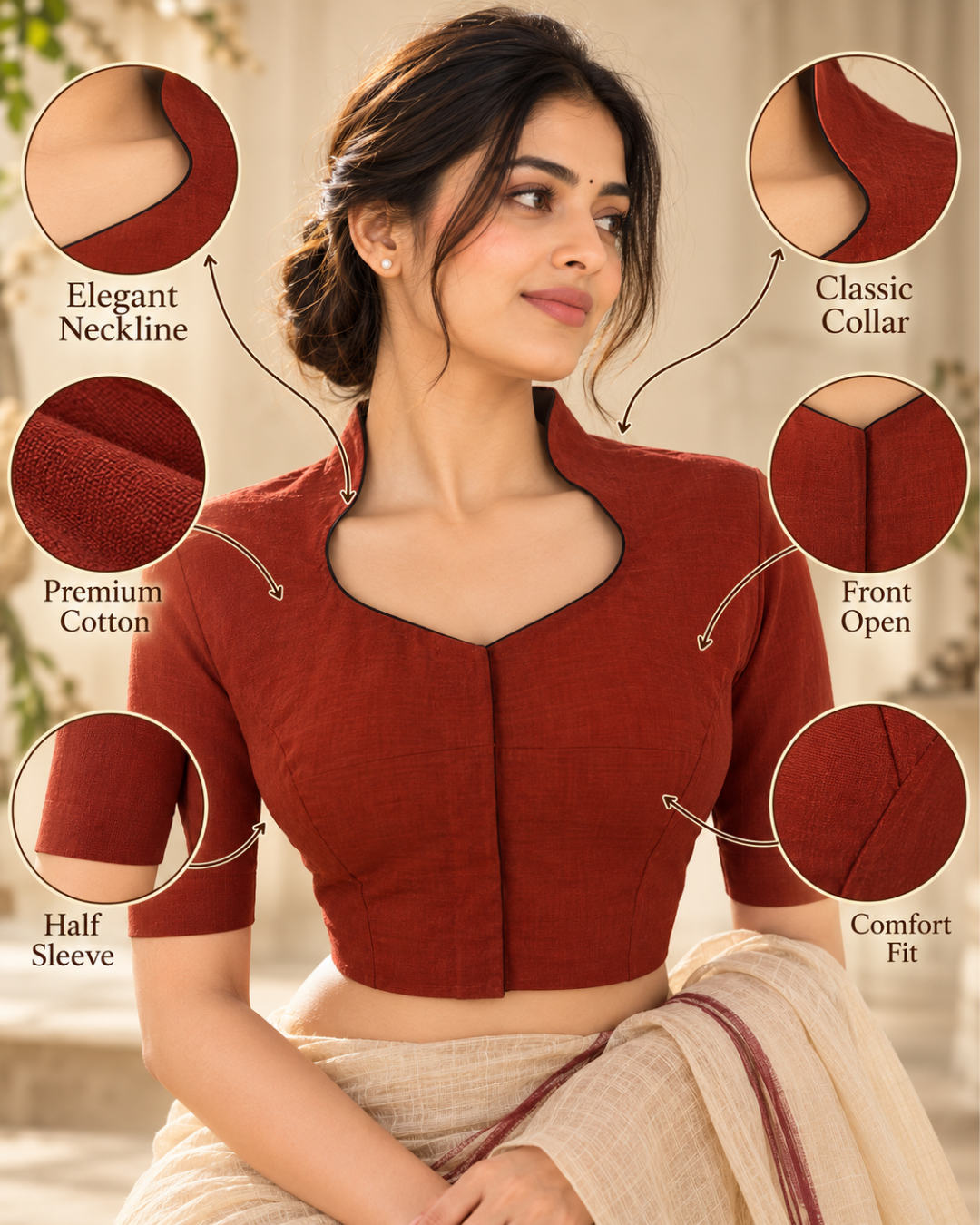 South Cotton High neck Blouse, Rust, BH1249