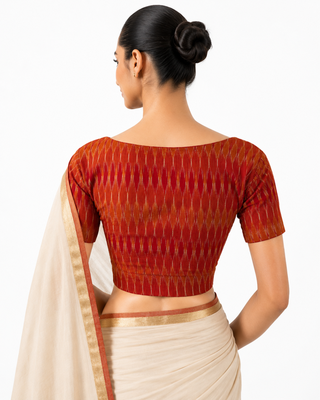 Ikat Cotton Round neck Blouse with Short Sleeves, Rust, BI1163