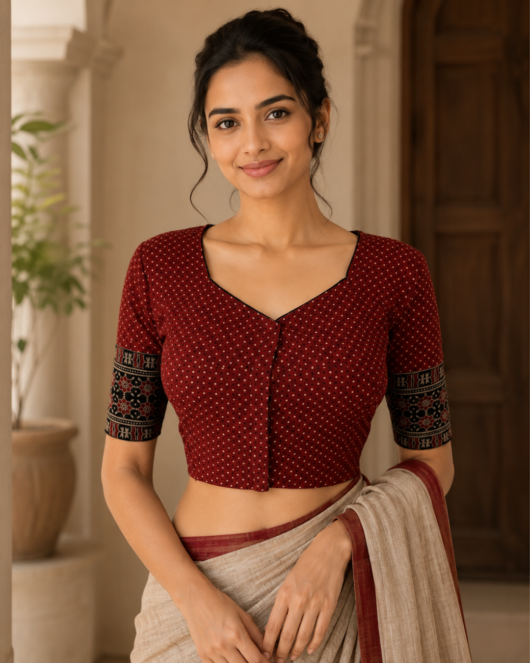 Ajrakh Cotton Sweetheart neck Blouse, Maroon, BA1156