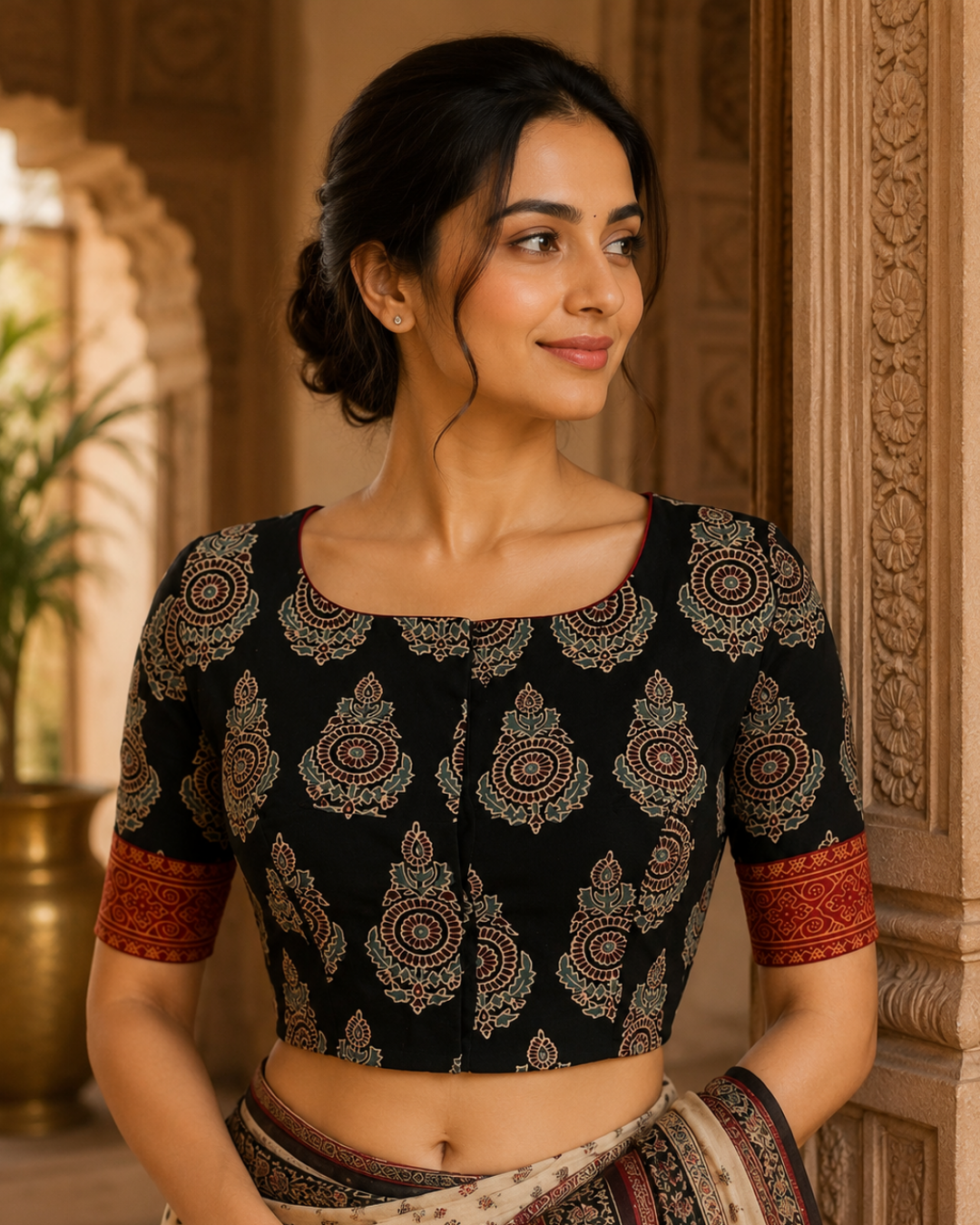 Ajrakh Cotton Boat Neck Blouse With Keyhole Back, Black , BA1182