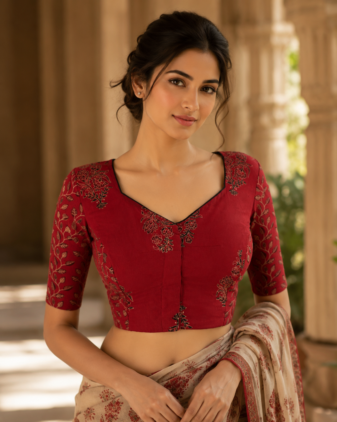 Soft Cotton Hand Block Printed Blouse with Sweetheart Neck , Majentha, BP1214