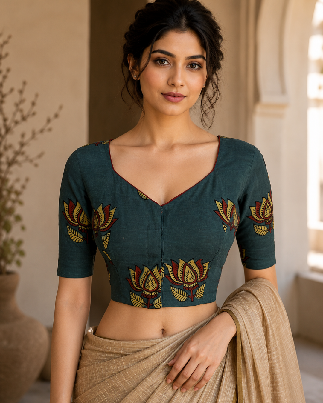 Ajrakh Cotton Sweetheart Neck Blouse ,Bottle Green , BA1186