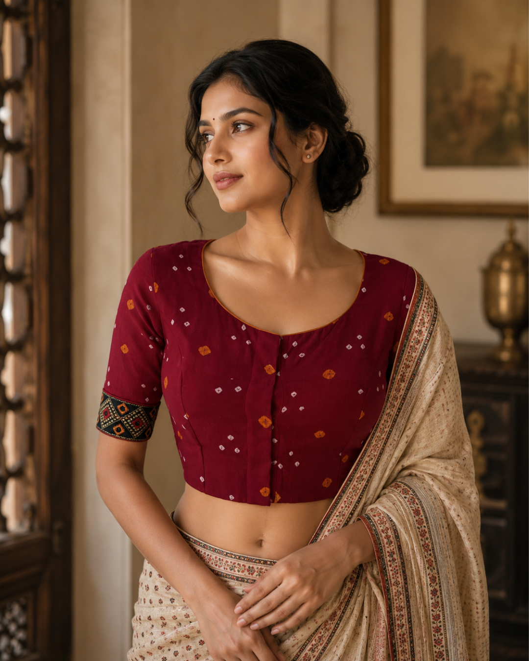 Bandhani Tie-Dye Round neck Blouse with Lining & Embroided lace border, Red, BP1123