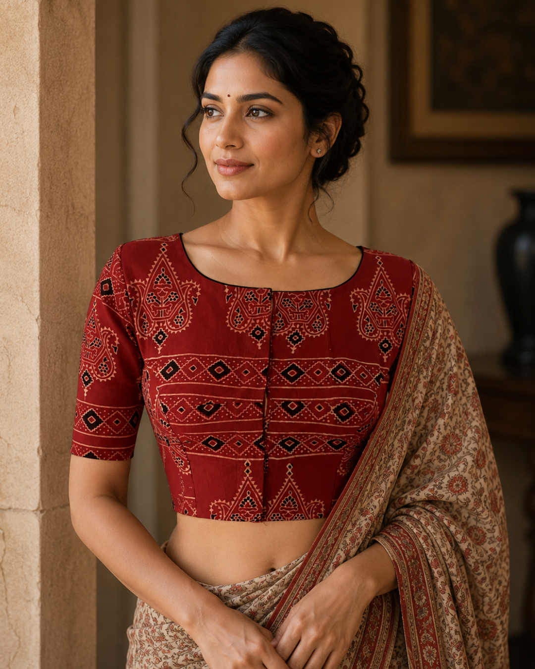 Ajrakh Cotton Boat Neck Blouse ,Maroon , BA1188