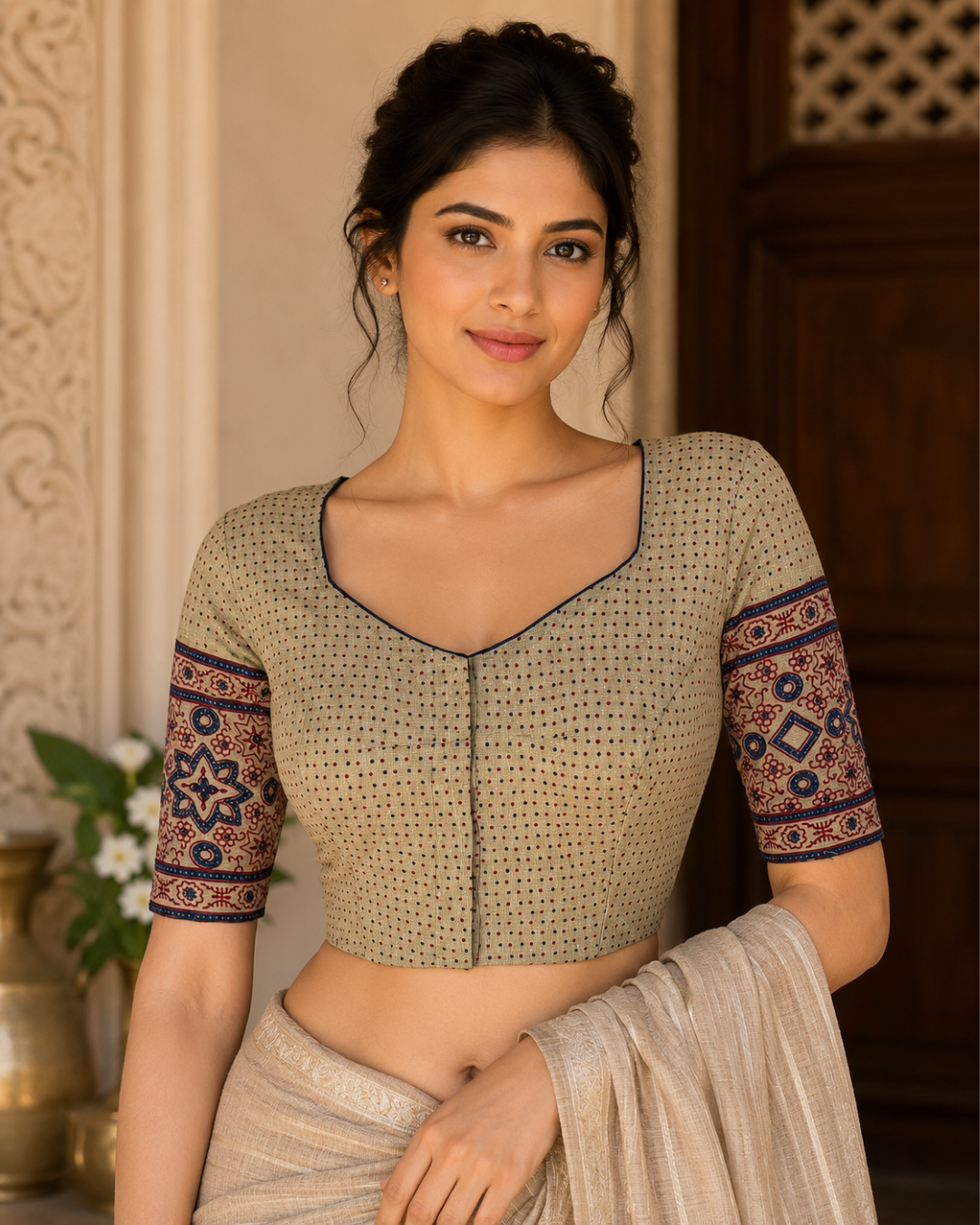 Ajrakh Cotton Sweetheart Neck Blouse, Ivory, BA1176