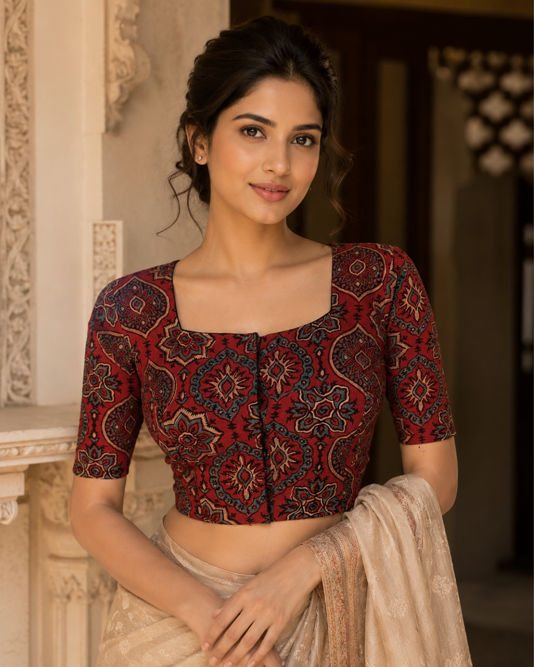 Ajrakh Cotton Square neck Blouse, Rust , BA1168