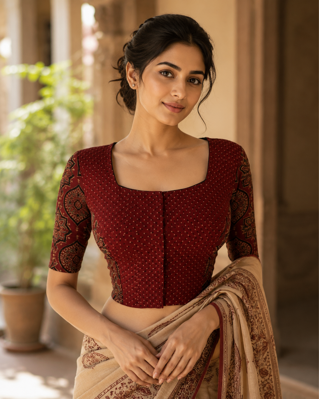 Ajrakh Cotton Square Neck Blouse with Potli Button Details , Maroon, BA1177