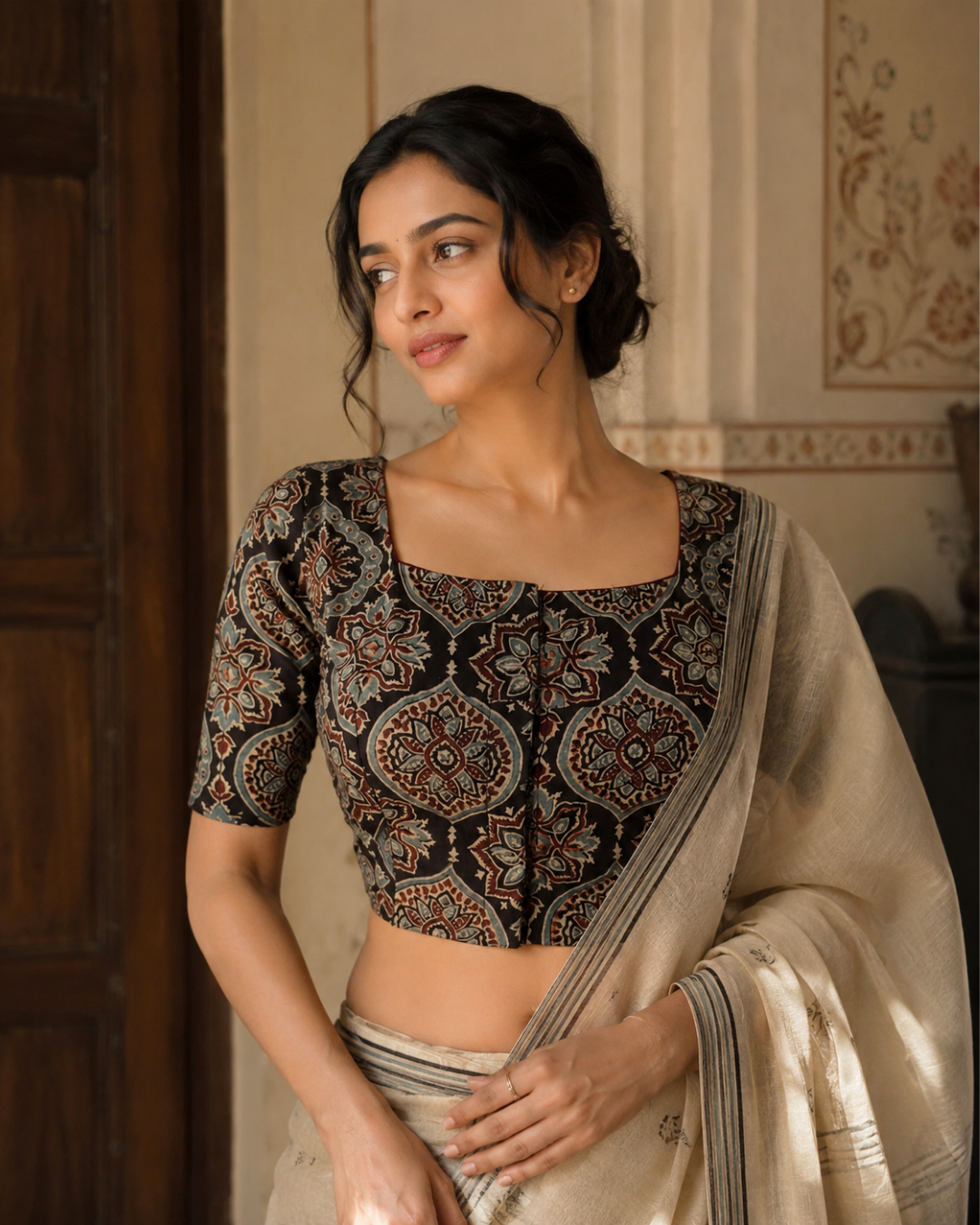 Ajrakh Cotton Square neck Blouse, Black, BA1153
