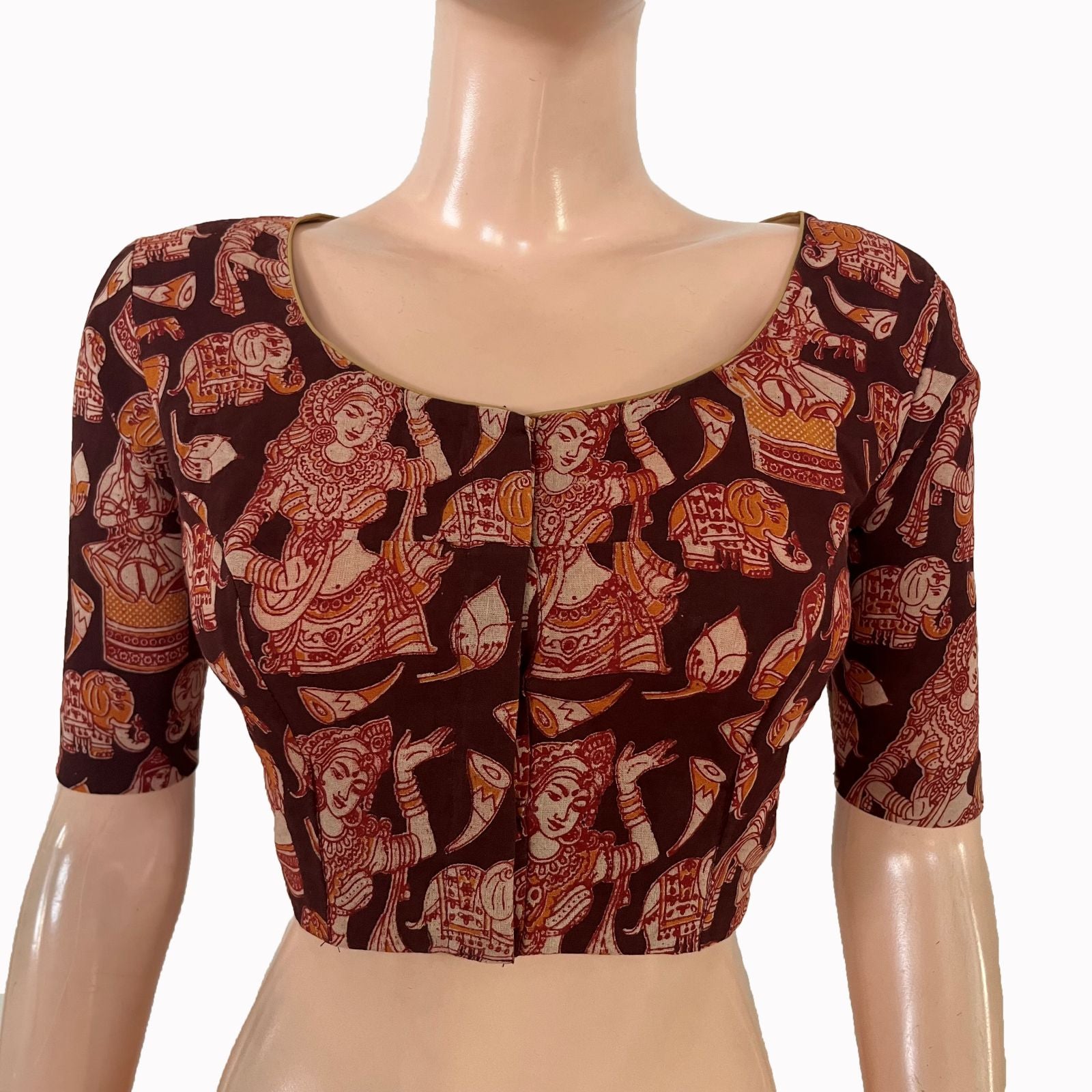 Kalamkari Cotton Round Neck Blouse ,Black, BK1323.