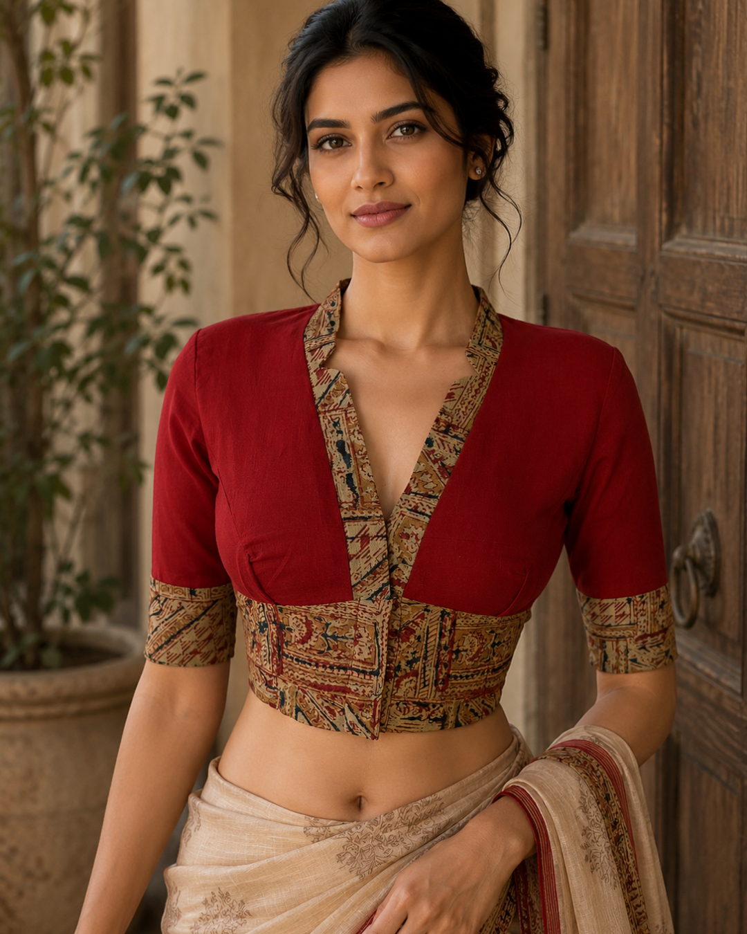 Handloom Flex Cotton V-collar neck Blouse with Kalamkari patches, Red - Maroon , BH1299