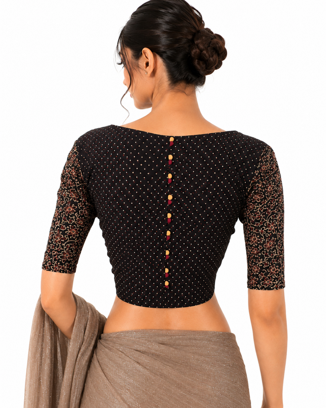 Ajrakh Cotton Square neck Blouse with Potli Button Details, Black, BA1158