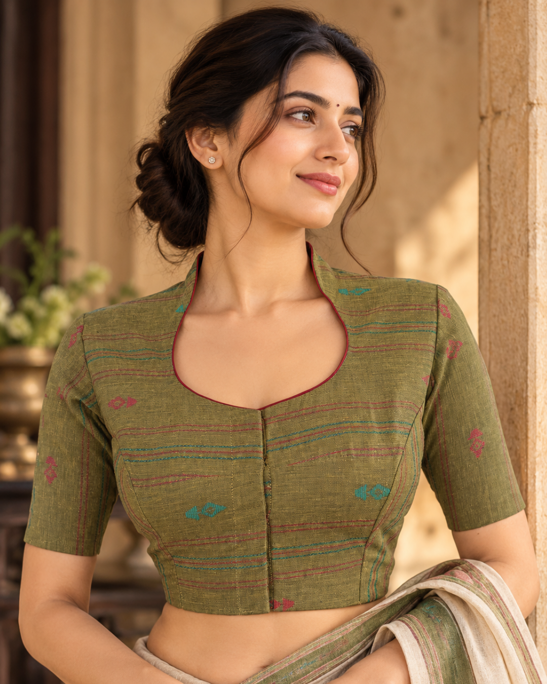 Handloom Jacquard Highneck Blouse with Lining, Olive Green, BH1227