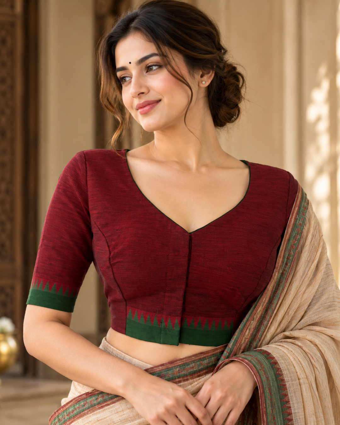 Handloom Mangalgiri Cotton V Neck Blouse with Lining,Maroon , BH1330
