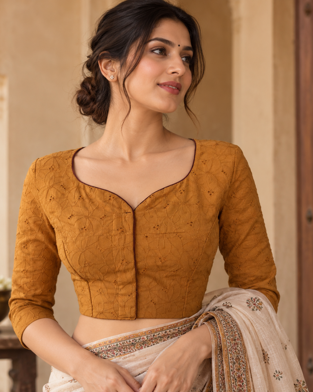 Hakoba Cutwork Cotton Y neck Blouse with Lining, Mustard Yellow, BW1141