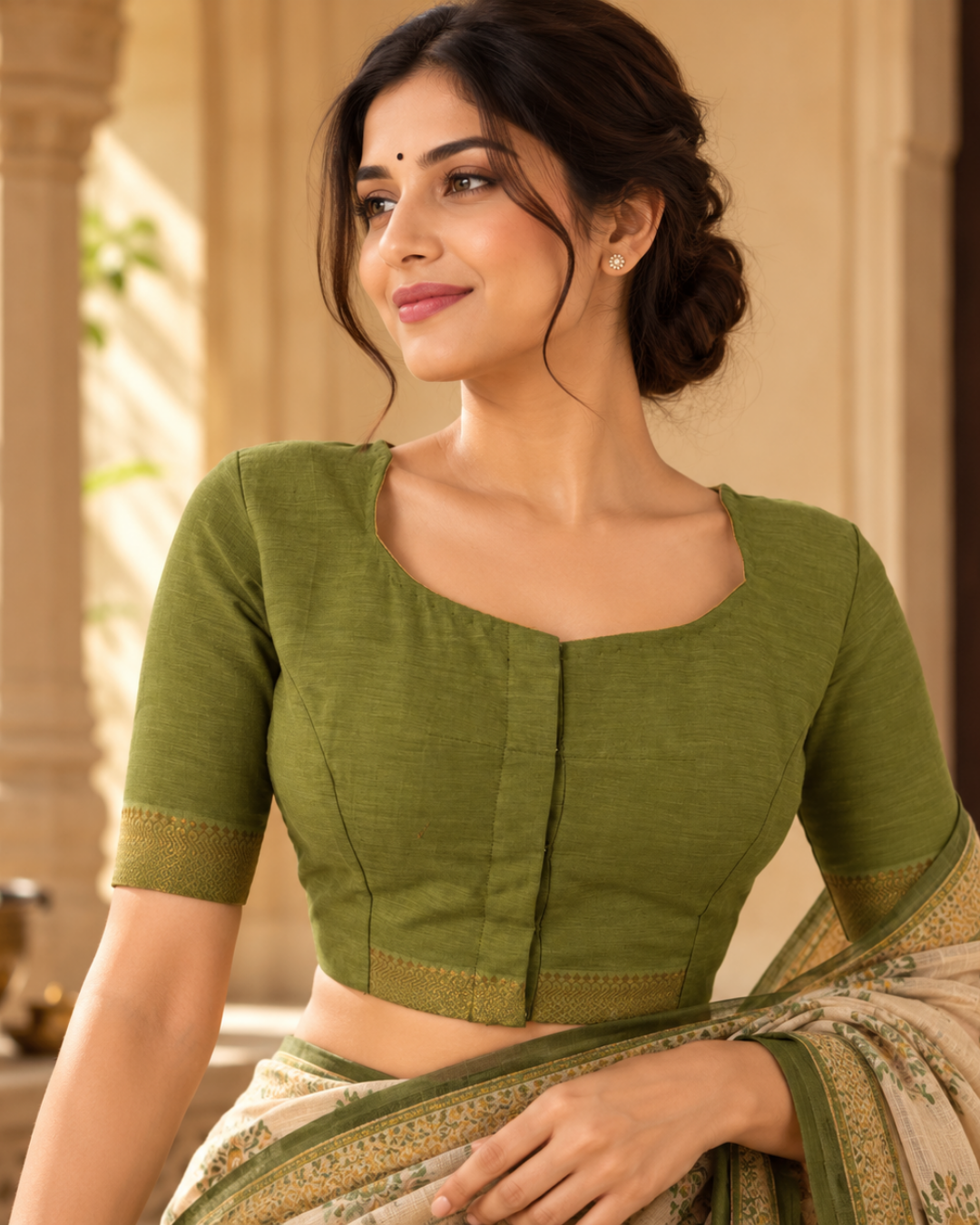 Handloom Mangalgiri Cotton Pot Neck Blouse with Lining, Olive Green , BH1332