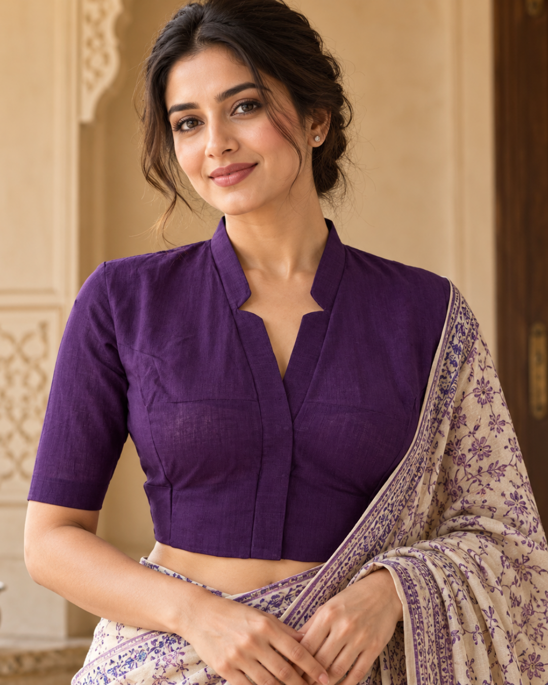 South Cotton V Collar Blouse ,Purple , BH1312