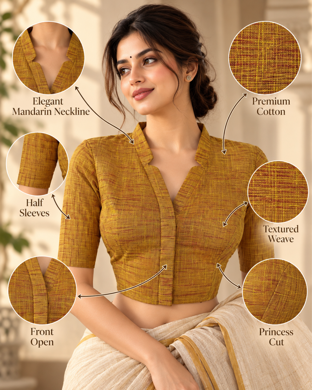 Slub Cotton V Collar Blouse ,Yellow , BH1313