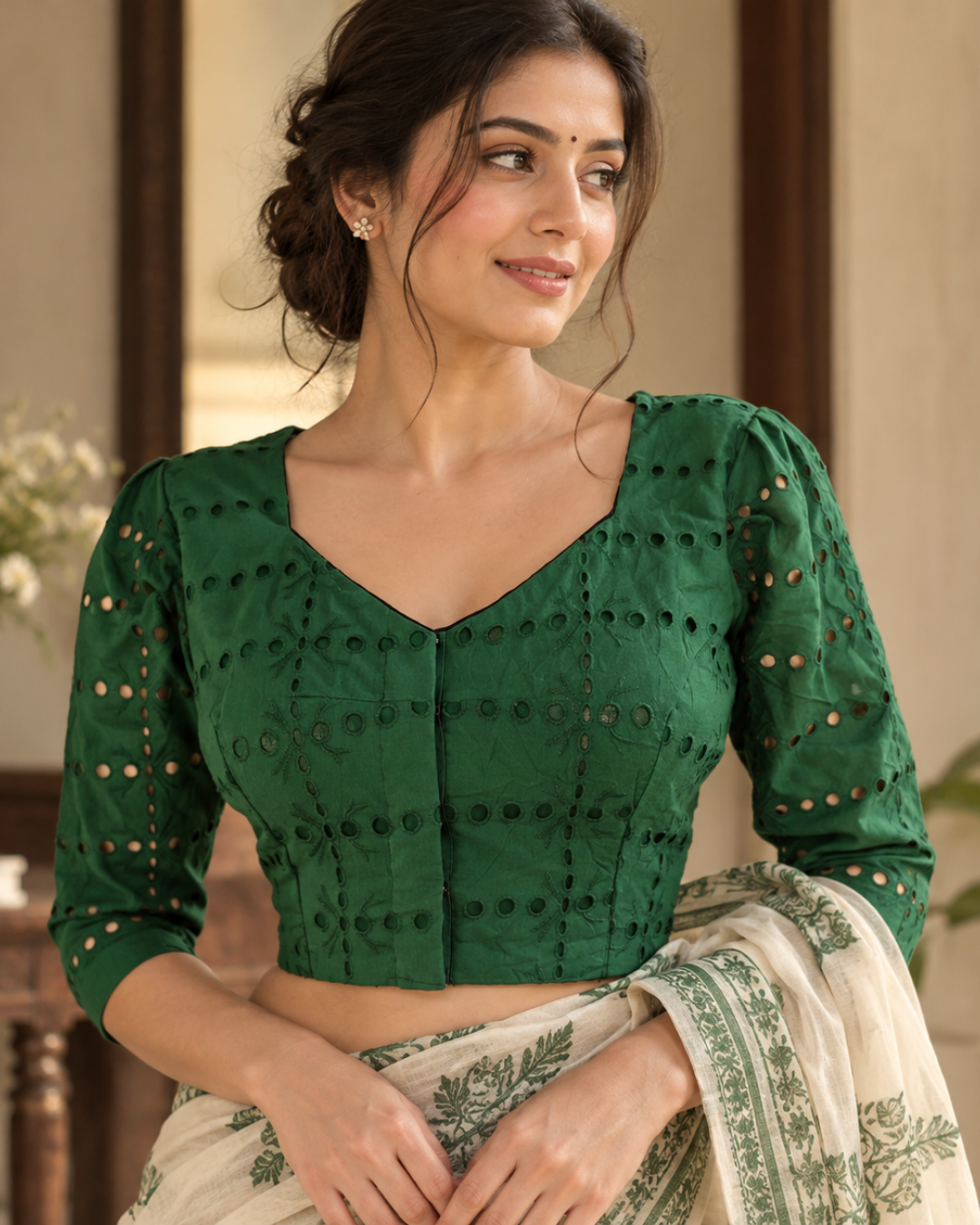 Hakoba Cutwork Cotton Sweetheart neck Blouse with Lining, Bottle Green, BW1134