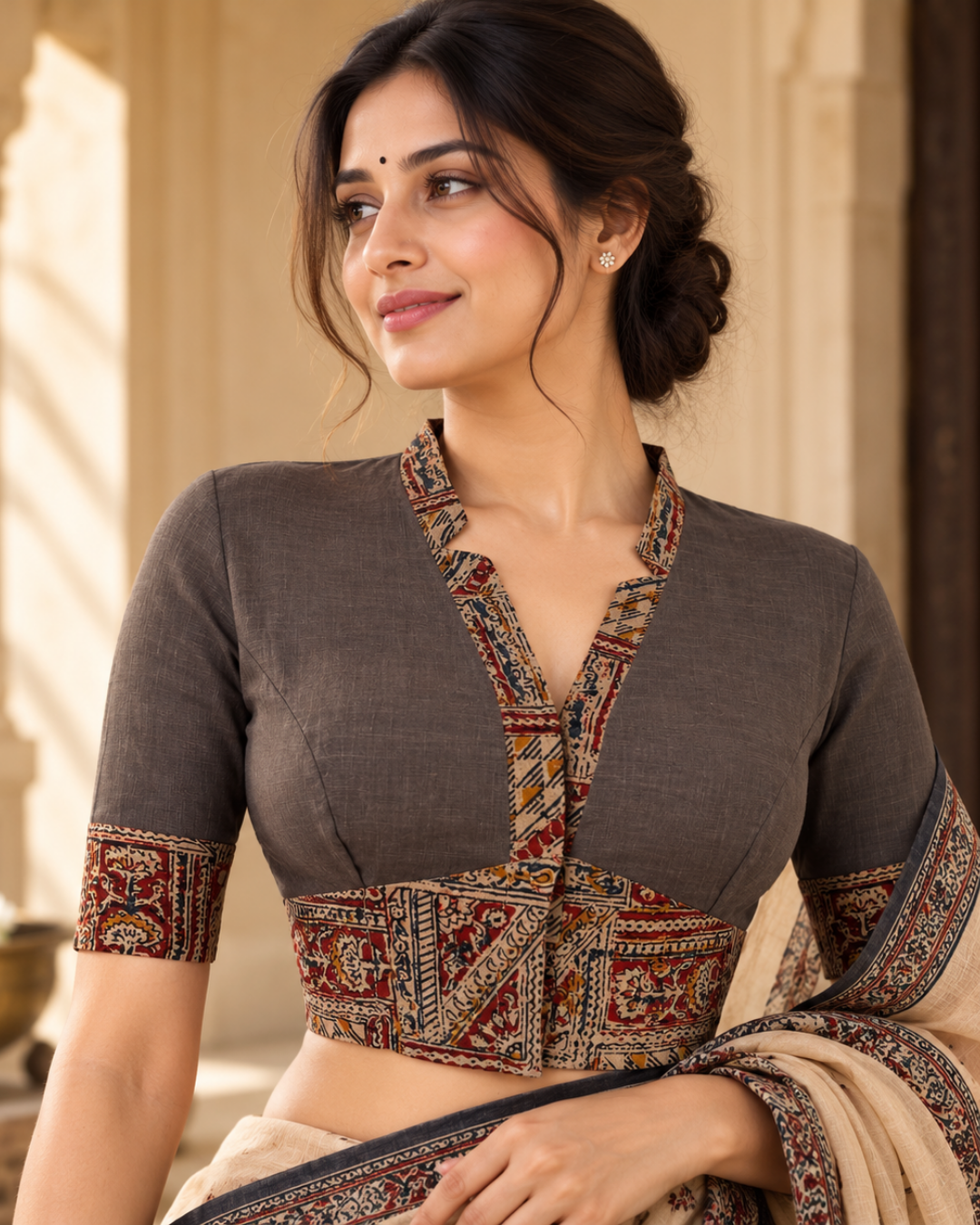 Handloom Flex Cotton V-collar neck Blouse with Kalamkari Patches,Grey, BH1298