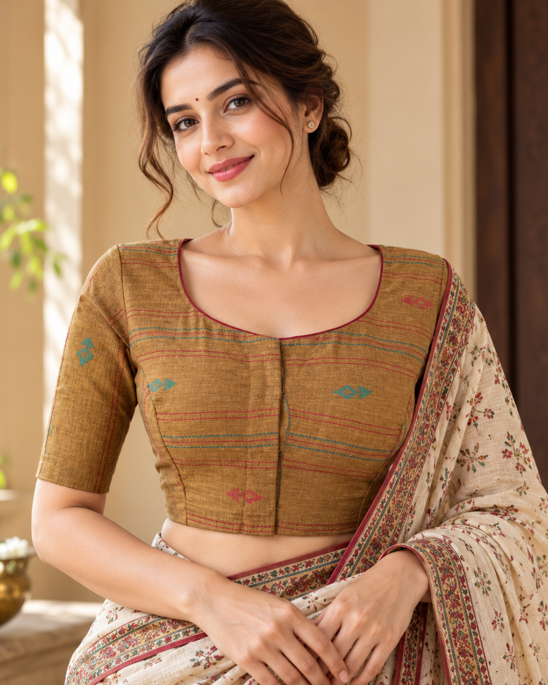 Handloom Jacquard Roundneck Blouse with Tear Drop Cut & Lining, Mustard - Yellow, BH1229