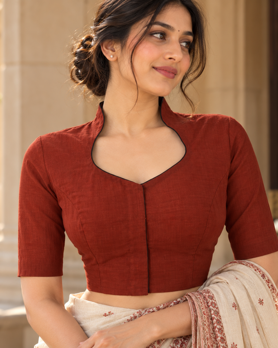 South Cotton High neck Blouse, Rust, BH1249
