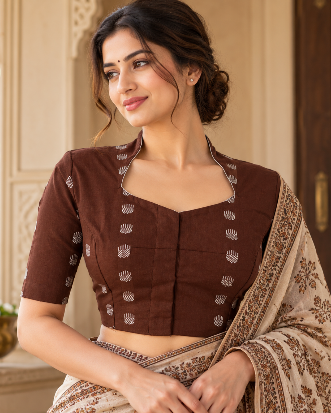 Jacquard Cotton High neck Blouse with lining , Brown, BH1290