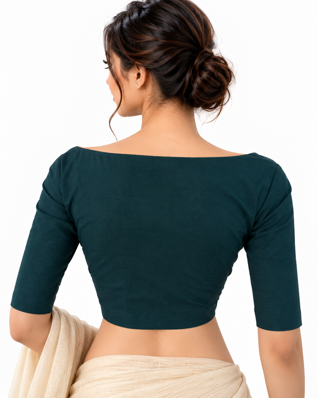 Flex Cotton Boat Neck Blouse with Wooden Button Details ,Bottle Green , BH1310.