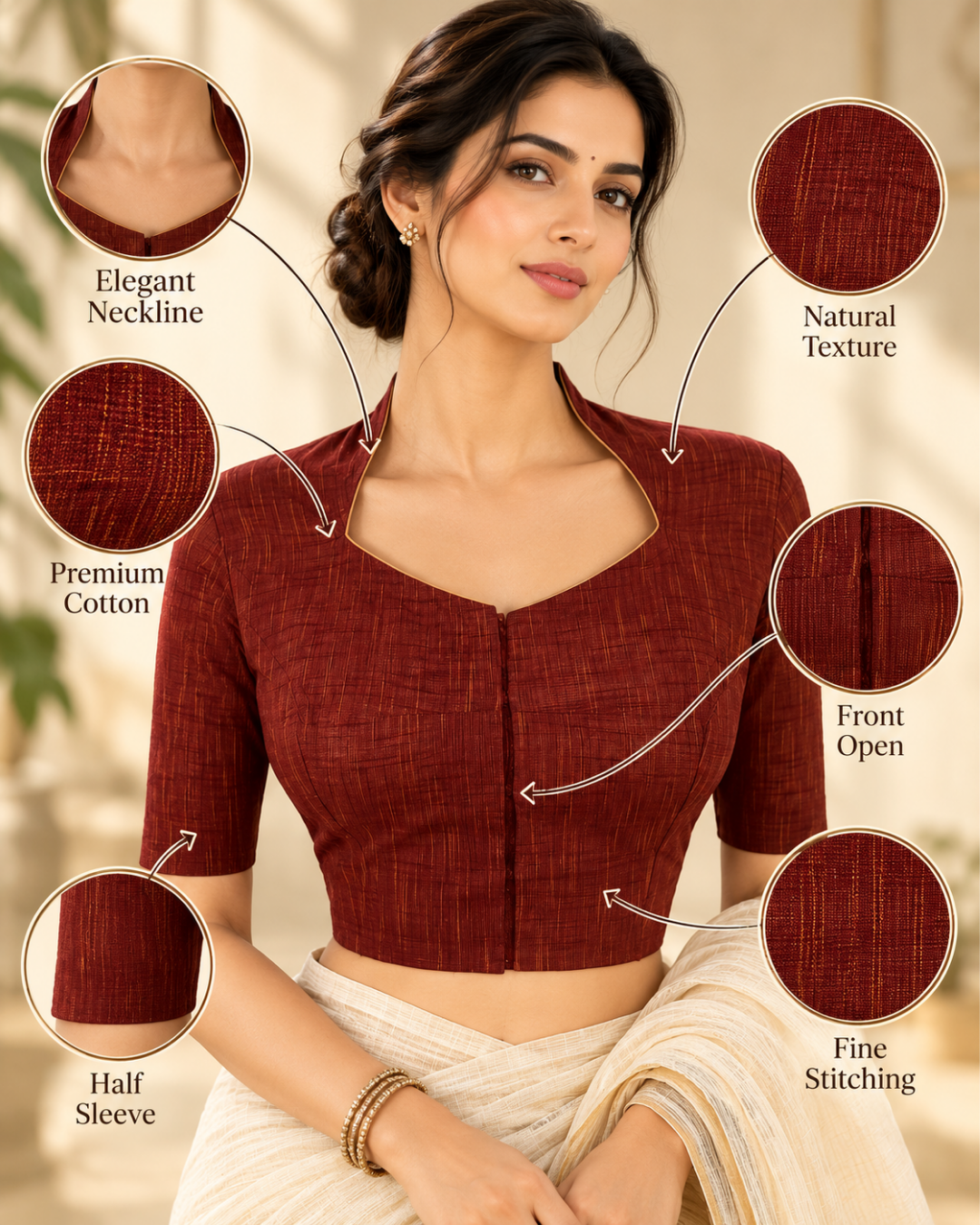 Handloom Slub Cotton High neck Blouse , Brown , BH1304