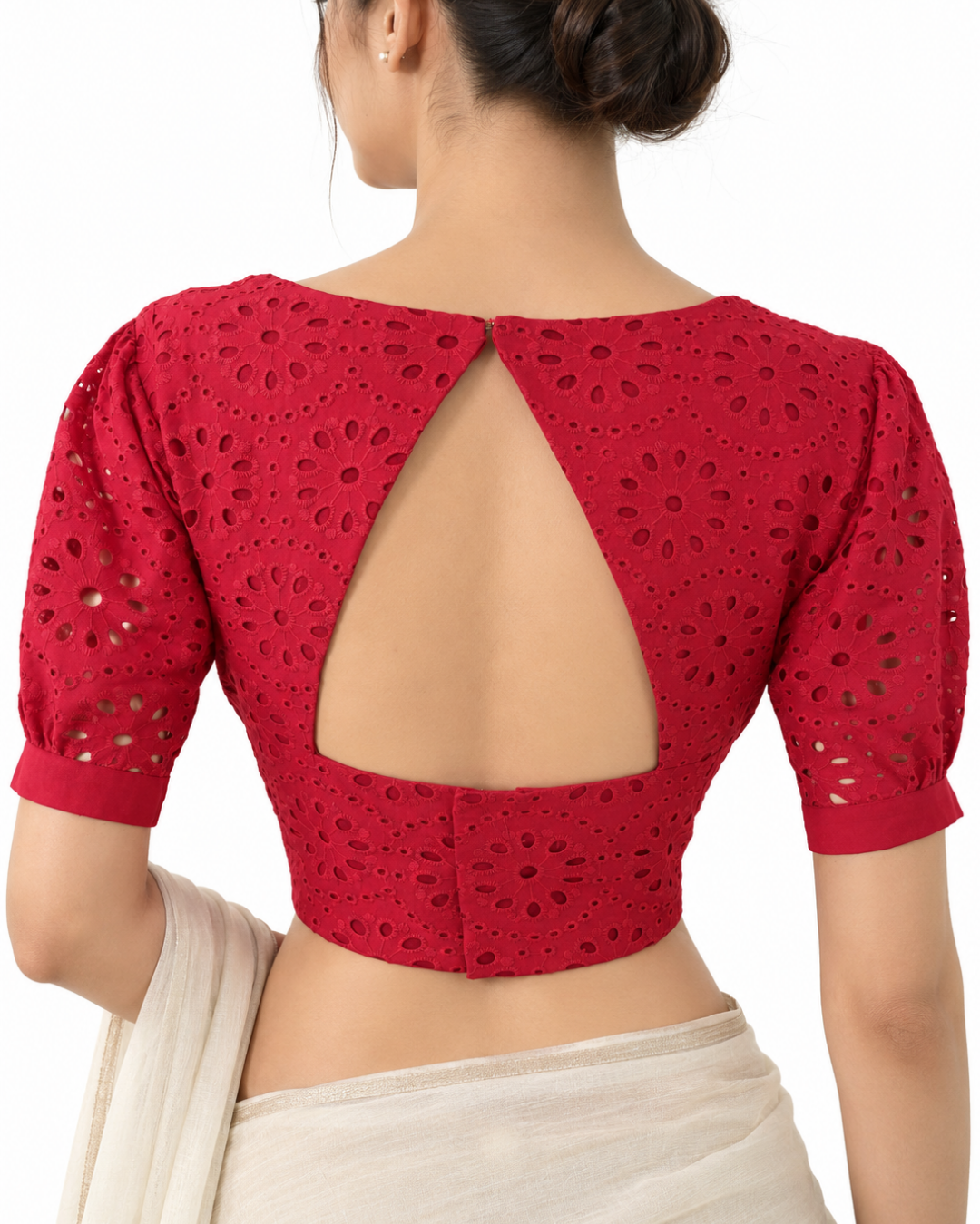 Hakoba Cutwork Cotton Back Open Blouse with Triangle Cut in Back, Puff Sleeves and Lining, Hot Pink , BW1175