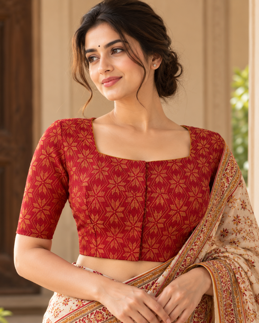 Jacquard Cotton Square neck Blouse with Lining, Orange, BH1264