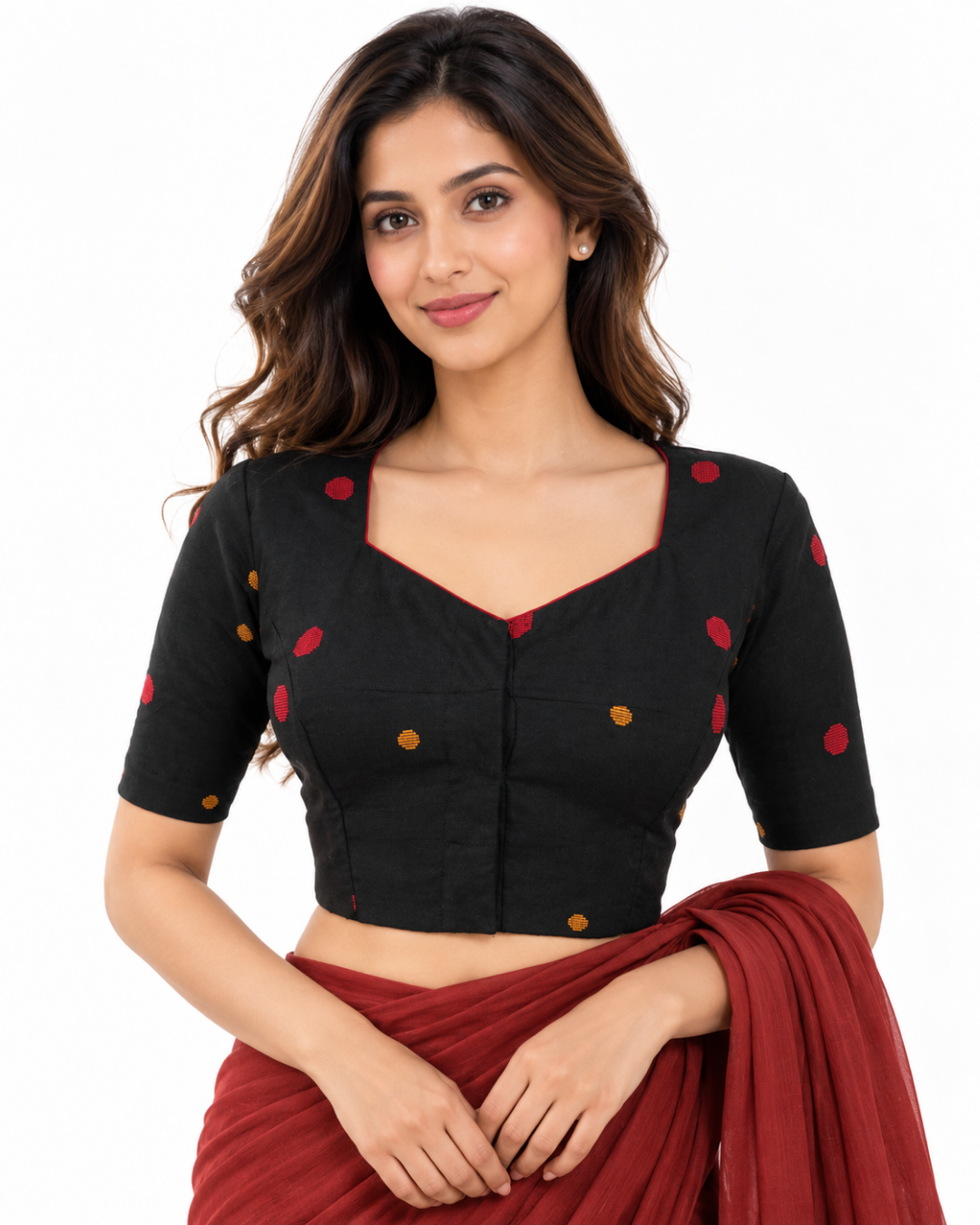 Jacquard Cotton Sweetheart neck Blouse with Lining, Black, BH1263
