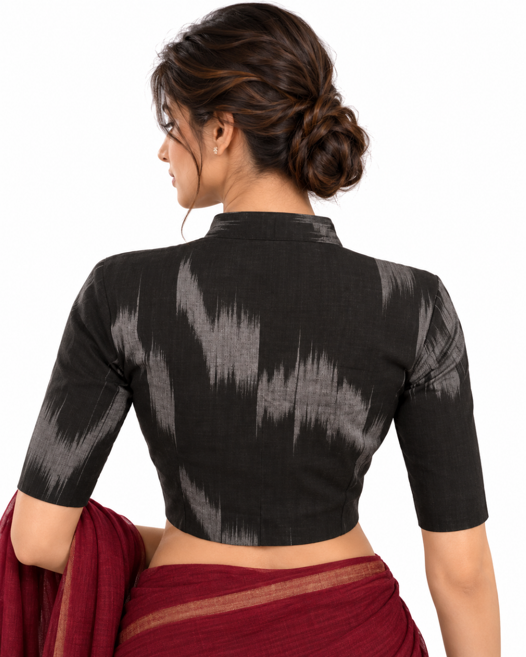 Mangalgiri Tie Dye Cotton High Neck Blouse, Black – Grey, BH1089