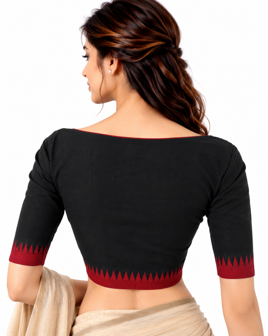 Handloom Mangalgiri Cotton Square Neck Blouse with Lining, Black , BH1329